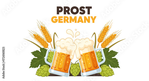 Prost Germany: Two Steins of Foamy Beer with Wheat and Hops