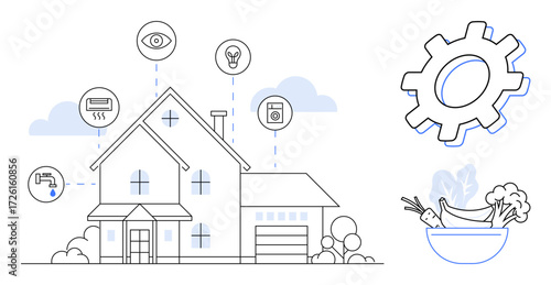 Modern house with icons for smart home control, sustainability, and energy efficiency. Includes technology, gear, digital monitoring, eco-friendly lifestyle. Ideal for innovation, IoT technology