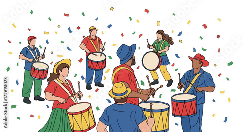 Colorful Illustration of a Drumming Ensemble Performing Together