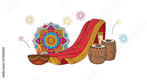 Colorful Indian Diwali Celebration Elements on White Background