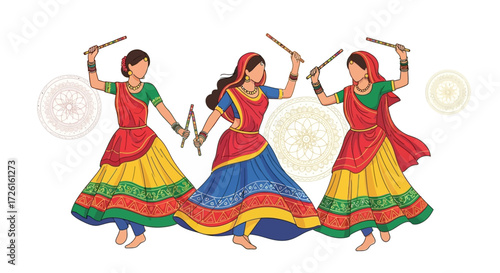 Three Women Performing Dandiya Dance in Traditional Indian Attire