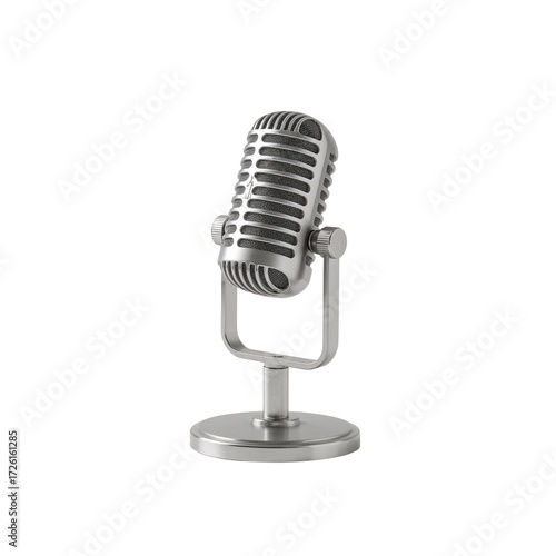 Elegant studio microphone showcasing silver metal construction on a dark surface