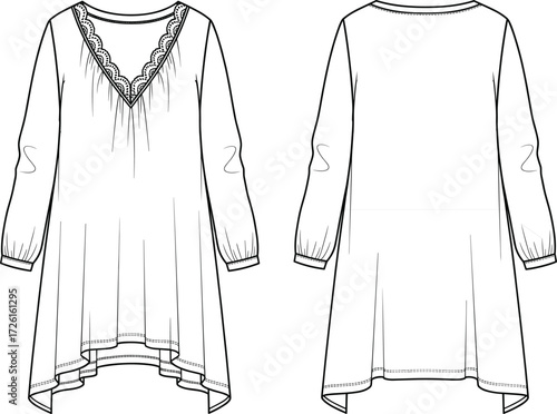 Women's stylish A-line tunic top flat technical sketch vector illustration drawing design 