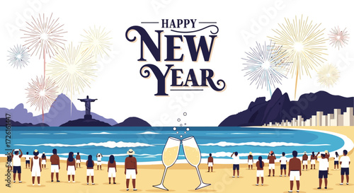 Rio de Janeiro New Year Celebration with Fireworks and Beach Crowd
