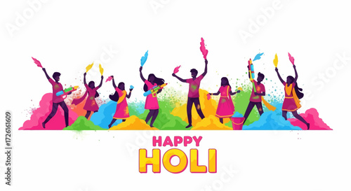 Vibrant Holi Celebration with People Throwing Colorful Powder
