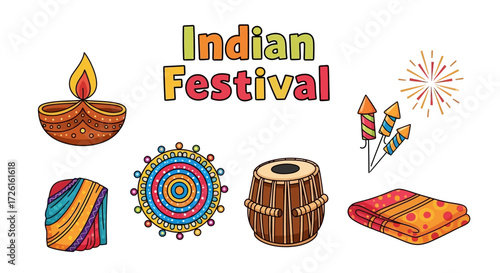 Colorful Indian Festival Elements: Diya, Rangoli, Fireworks, Saree, and Tabla
