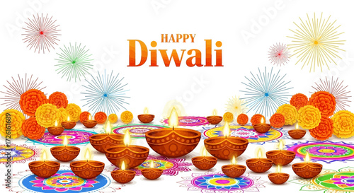 Festive Diwali Celebration with Lit Oil Lamps and Colorful Rangoli Designs