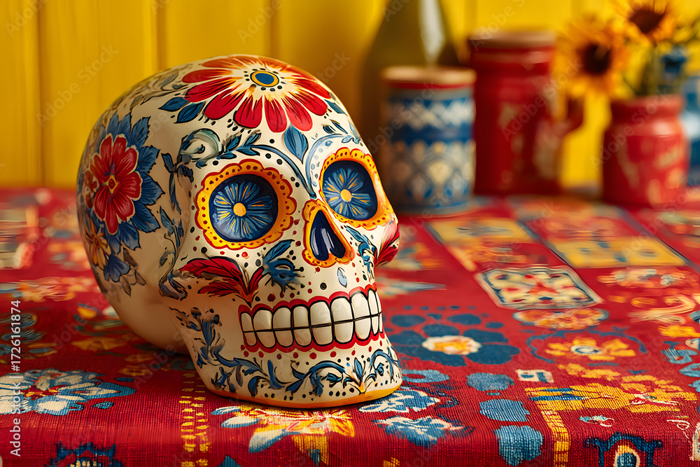 Fototapeta premium Mexican sugar skull, on top of a red tablecloth and yellow background