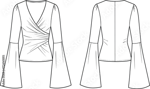 Women's stylish long-sleeve wrap top technical flat sketch vector illustration drawing design pattern with deep V-neckline