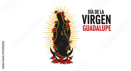 Virgin of Guadalupe Silhouette with Roses and Golden Rays