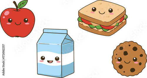 Cartoon school snacks apple, sandwich, milk, and cookie kawaii illustration. World Teachers Day