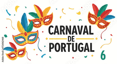 Colorful Carnival Masks with Feathers and Portuguese Text