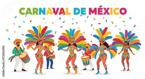 Vibrant Mexican Carnival Performers with Colorful Feather Headdresses and Festive Attire