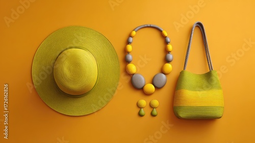 Stylish Yellow Accessories Set on Vibrant Orange Background Featuring Hat, Necklace, Earrings, and Handbag for Fashion and Lifestyle Photography