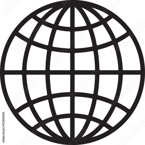 Simple black and white stylized globe icon representing global connection and the internet