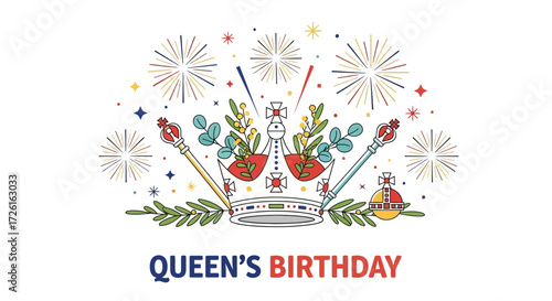 Queen's Birthday Celebration with Crown, Scepters, and Fireworks Illustration