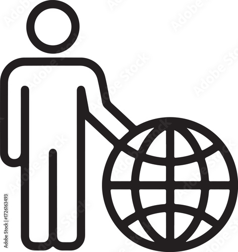 Stylized icon of a person standing next to a globe representing global reach