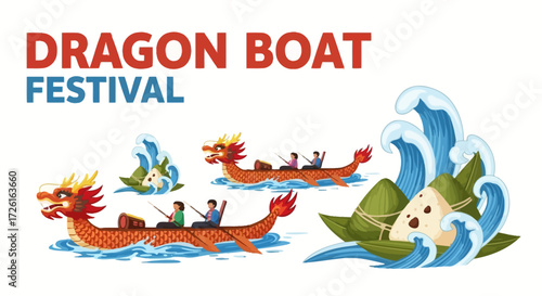 Dragon Boat Festival Illustration with Dragon Boats and Zongzi