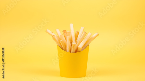 french fries in a yellow cup on a yellow background