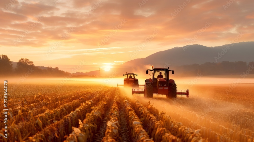 Fototapeta premium Tractors cultivating field during golden sunrise agriculture scene