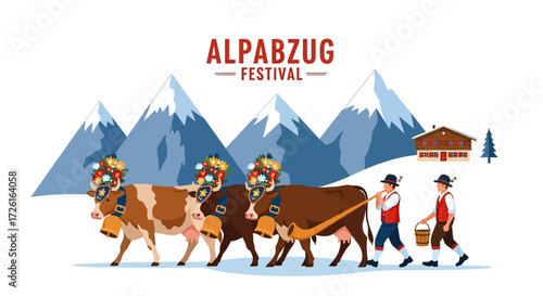 Swiss Alpabzug Festival Cows with Floral Headdresses and Bells
