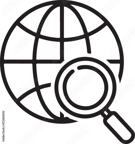 Magnifying glass over a stylized globe representing global search and research
