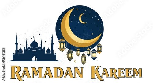 Ramadan Kareem Illustration with Mosque, Moon, and Lanterns