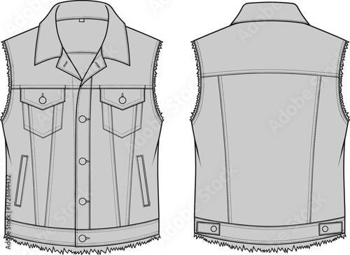 Unisex casual denim sleeveless vest technical flat sketch vector illustration drawing design pattern with pointed collar, chest pockets, button front closure, and frayed raw edge detailing -