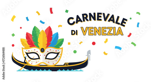 Venetian Carnival Mask and Gondola Illustration with Confetti