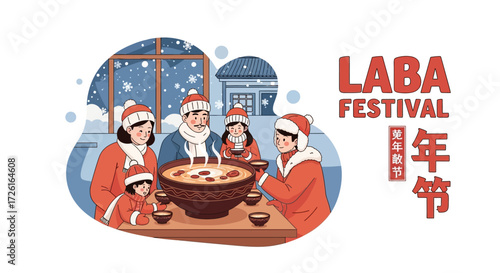 Family Celebrating Laba Festival with Traditional Congee in Winter Scene