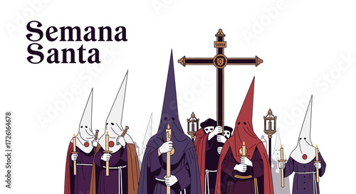 Spanish Holy Week Procession with Hooded Figures and Cross.