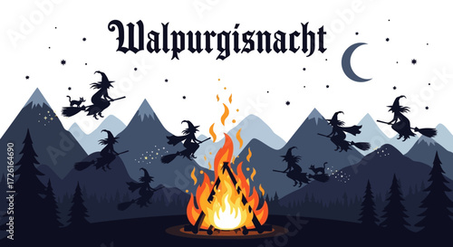 Walpurgis Night Scene with Witches and Bonfire