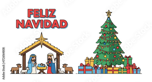 Christmas Nativity Scene with Decorated Tree and Gifts
