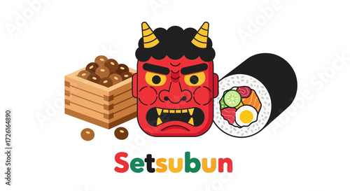 Setsubun Celebration with Demon Mask, Beans, and Sushi Roll Illustration