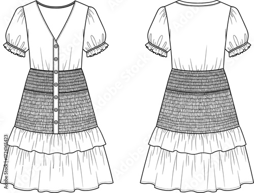 women, stylish, dress, technical, sketch, vector, illustration, drawing, design, pattern, smocked, tiered, mini, apparel, fashion, garment, mini dress, puff sleeve, v-neckline, smocked bodice, button 
