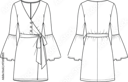 Women's stylish wrap mini dress technical flat sketch vector illustration drawing design pattern with V-neckline, tie belt closure, snap buttons, and trendy three-quarter bell sleeves - CAD