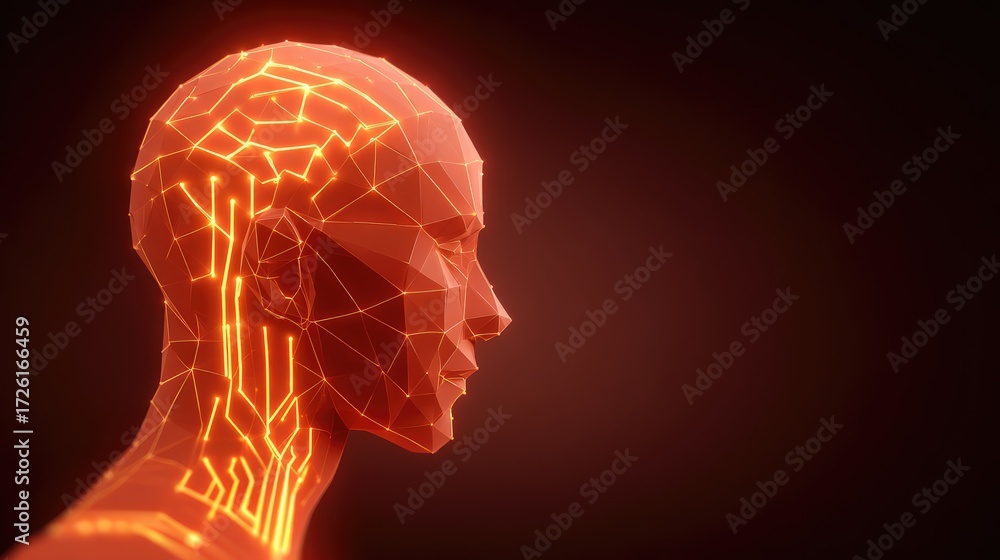 Naklejka premium Futuristic Human Figure with Abstract Geometric Lines in Neon Glow against Dark Background Representing Technology, Artificial Intelligence, and Digital Innovation
