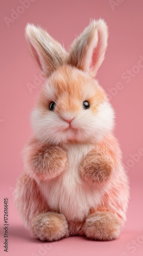 Adorable Plush Bunny Rabbit on Pink Background - Studio Portrait, Soft Texture, Cute.