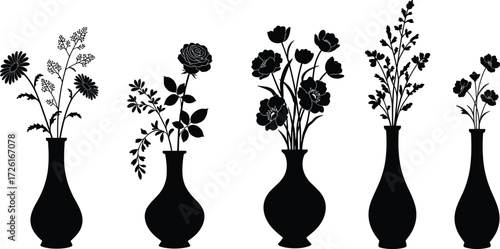 Silhouette flower vases vector set, elegant floral arrangements illustration, black vase with flowers artwork, decorative botanical design collection, modern indoor flower decor isolated