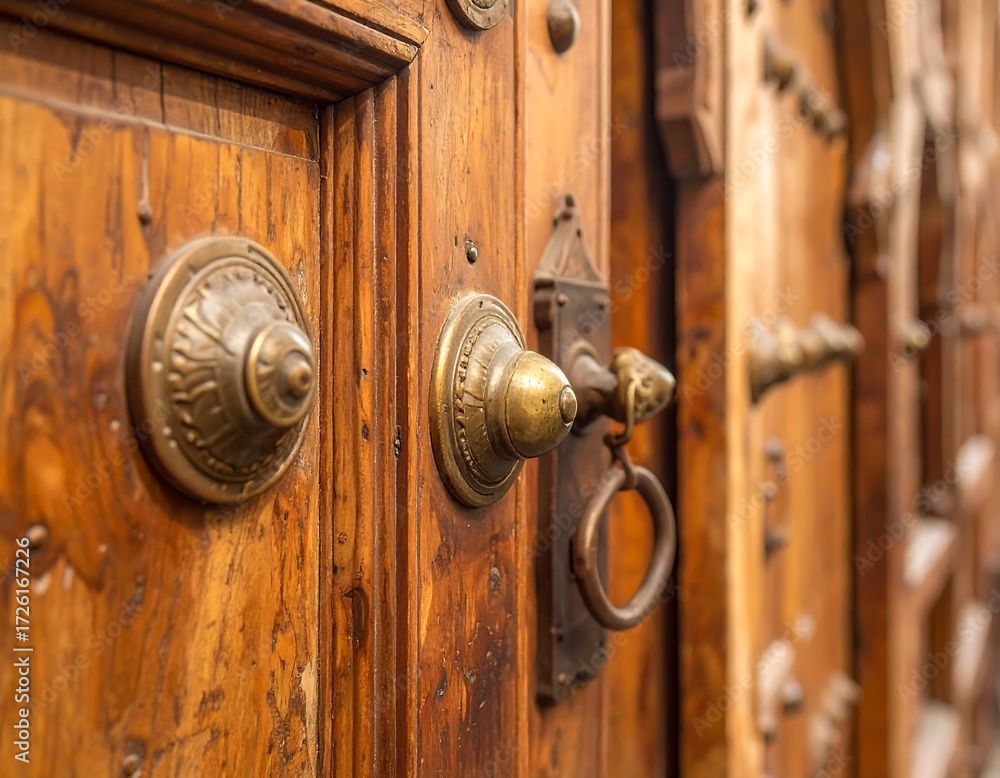Fototapeta premium Ornate Wooden Doors with Antique Hardware Detail