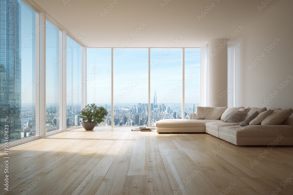 Obraz premium Serene Modern Living Room with Panoramic City View - Sunlight Bathes Minimalist Interior.