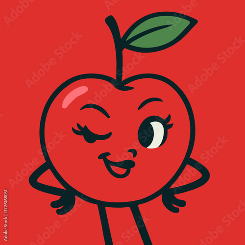 A cute cartoon apple character winking with a playful expression.