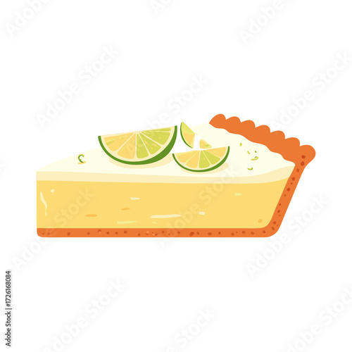 A delicious slice of key lime pie with lime wedges on top.