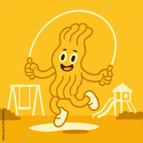 A happy cartoon character with wavy tentacles jumping rope with a big smile.