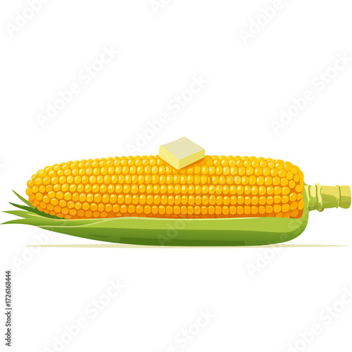 A single ear of corn with a pat of butter on top and green leaves below.