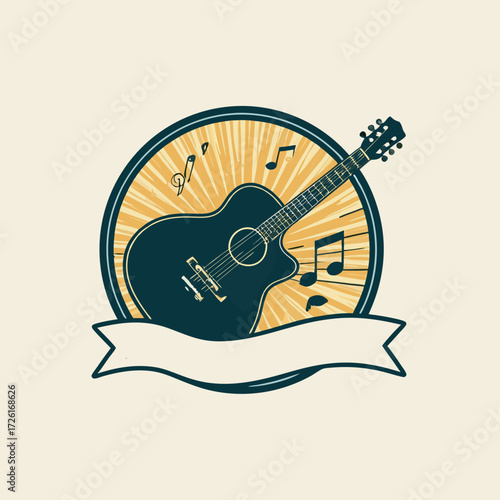Acoustic guitar with musical notes and a banner for text.