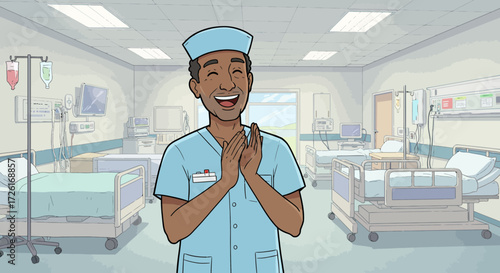 Joyful African American male nurse clapping hands happily.