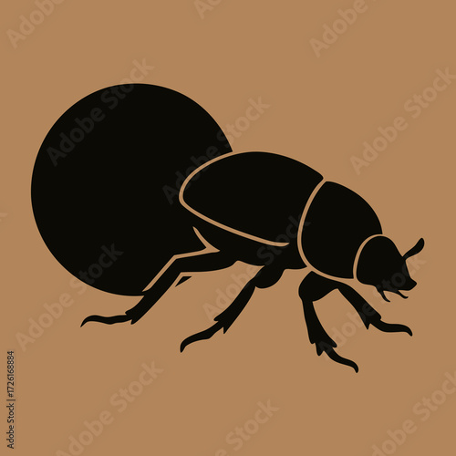 Black Silhouette of a Dung Beetle Rolling a Ball.