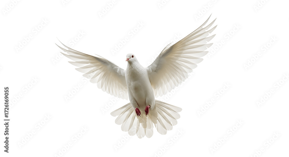 Naklejka premium White dove in flight isolated on white background PNG, symbol of peace and freedom, pure bird with wings spread, flying pigeon image for design, print, web, clipart, transparent file download