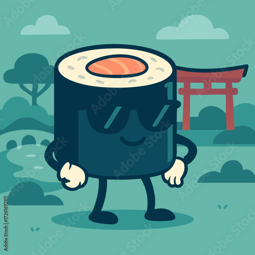 Cool Sushi Roll Character with Sunglasses and Salmon.